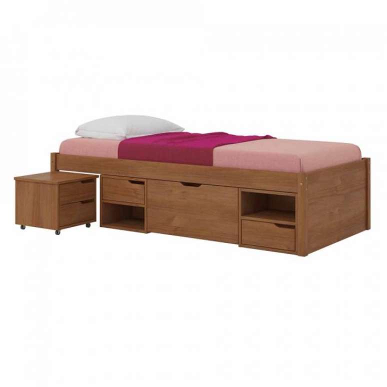 3. A cama com gavetas na versão solteiro costuma ter módulos apenas nas laterais. Foto: Mobly