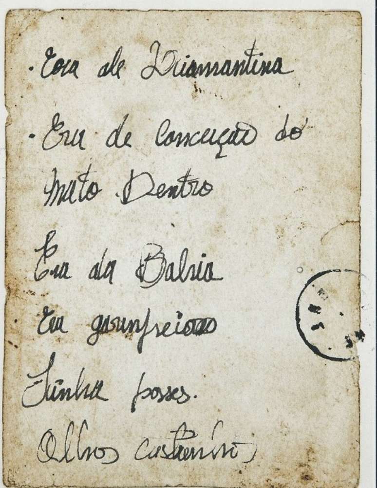 'era de Diamantina, de Concei&ccedil;&atilde;o de Mato Dentro, era da Bahia, era garimpeiro, tinha posses,olhos castanhos', diz documento