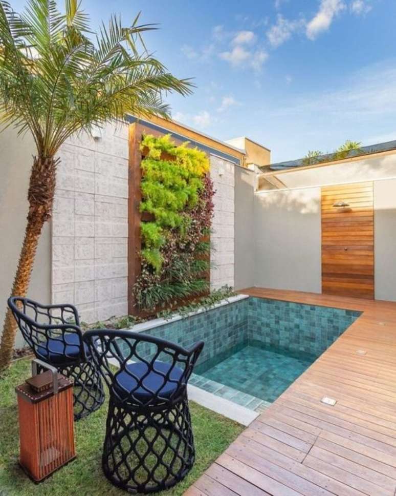 31. Piscinas pequenas e modernas no quintal ficam lindas com muros de plantas – Foto Pinterest