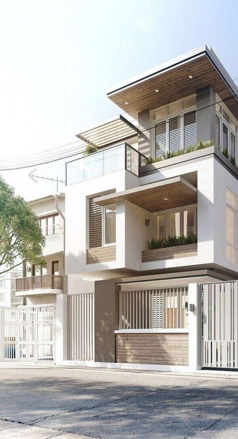 73. Ideias de cores para fachada de casas modernas em tons claros – Foto Pinterest