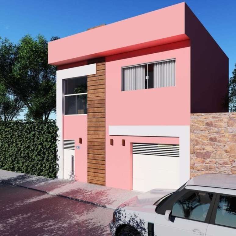34. Cores para fachadas de casas cor de rosa com revestimento de madeira -Foto Thais Queiroz