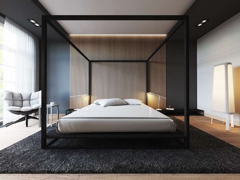 27. Decoração de quarto preto e branco moderno com poltrona confortável – Foto: Behance