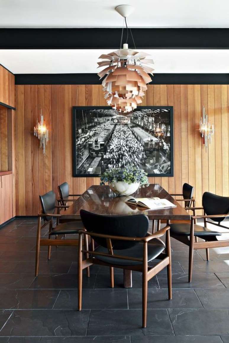 2. Piso de ardósia preta para sala de jantar moderna – Foto Casa Vogue