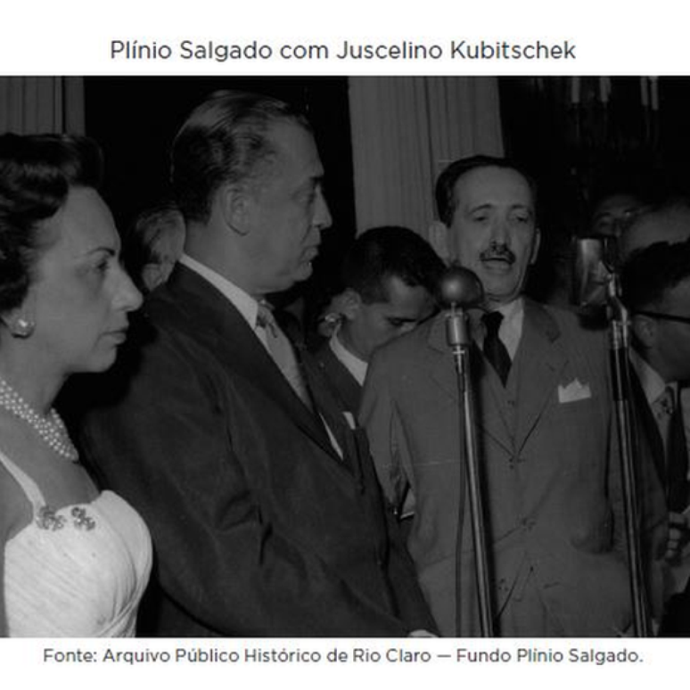Plínio Salgado e Juscelino Kubitschek: Em 1955, depois de regressar do exílio em Portugal, Plínio Salgado disputou a Presidência da República e ficou em último lugar. O presidente eleito foi Juscelino Kubitschek (1902-1976)