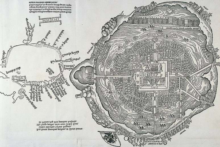 O 'mapa de Nuremberg', elaborado na Alemanha em 1524, é o mapa mais antigo existente da Cidade do México (na época, Tenochtitlán)