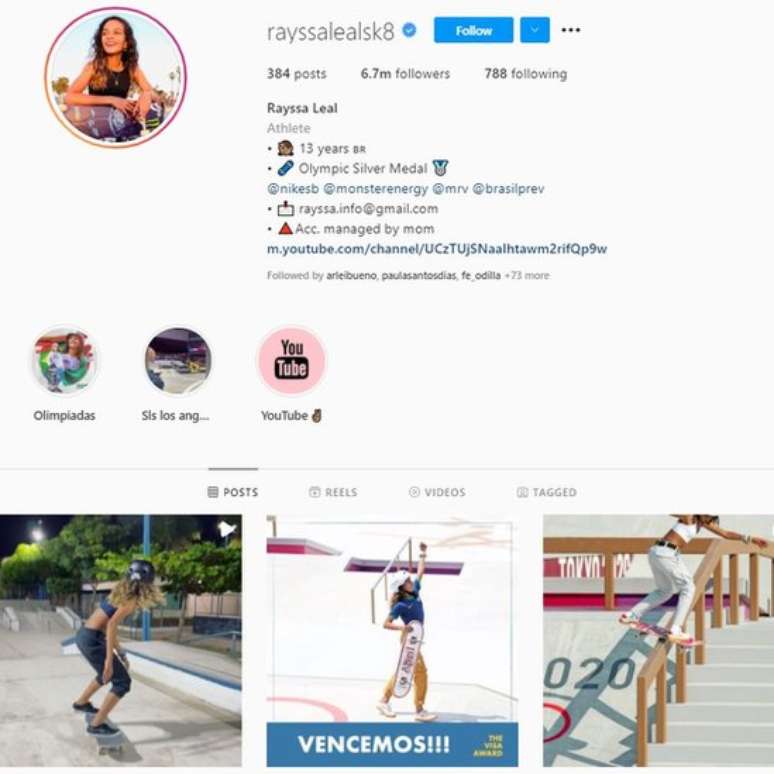 Rayssa Leal foi a atleta brasileira que mais ganhou seguidores no Instagram