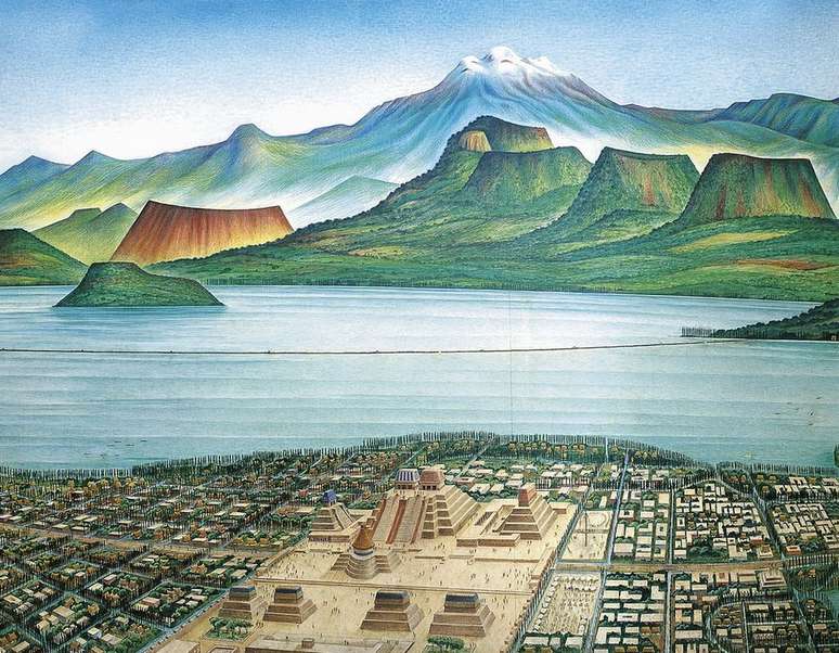 Este desenho mostra uma vista panorâmica de Tenochtitlán e do vale do México, sobre a lagoa de Texcoco