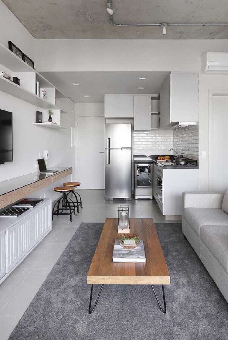 60. Tons de cinza para decoração de cozinha aberta com sala de apartamento pequeno – Foto: Home Fashion Trend