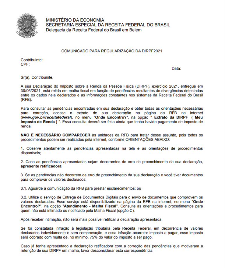 Exemplo de carta oficial enviada pela Receita Federal em julho / Crédito: Ministério da Economia