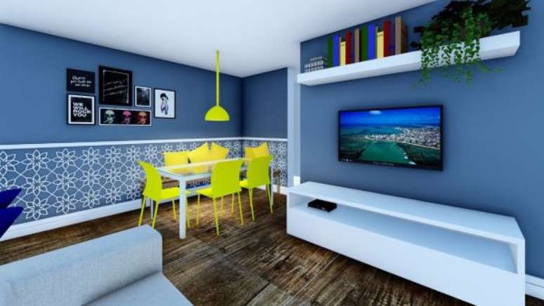 48. Sala com rodameio para separar a tint azul da estampa e mesa de jantar com cadeira amarela – Foto acasaesuadecor