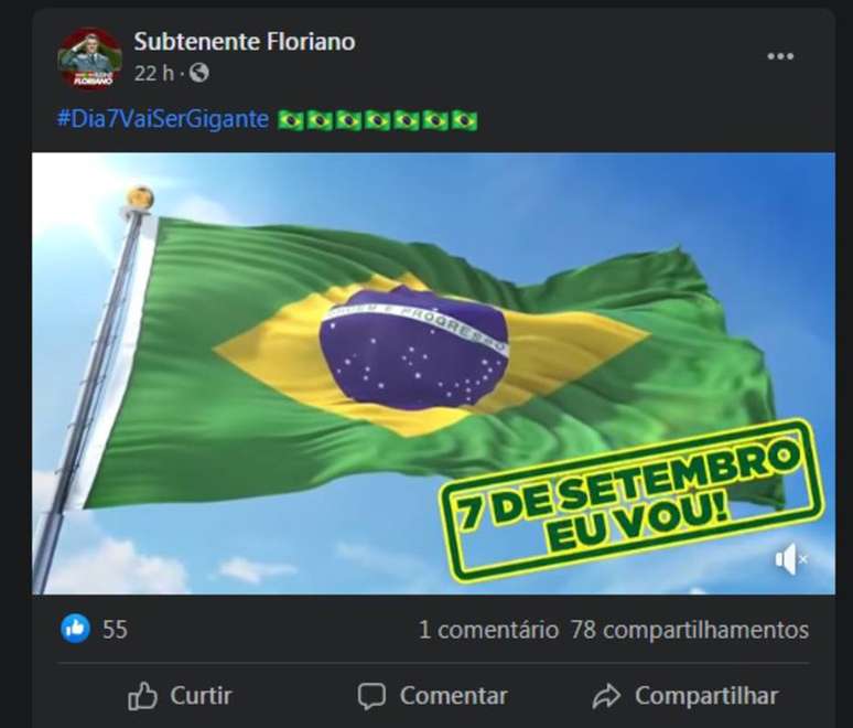 O subtenente Rudinei Floriano faz convocação nas redes com os dizeres ‘7 de setembro eu vou’