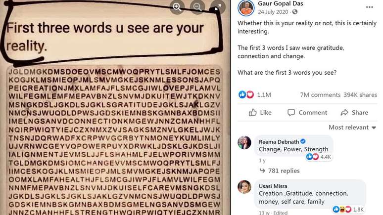 No segundo trimestre de 2021, post mais visualizado no Facebook dos EUA foi o de uma brincadeira de caça-palavras que mostraria a 'realidade da pessoa'