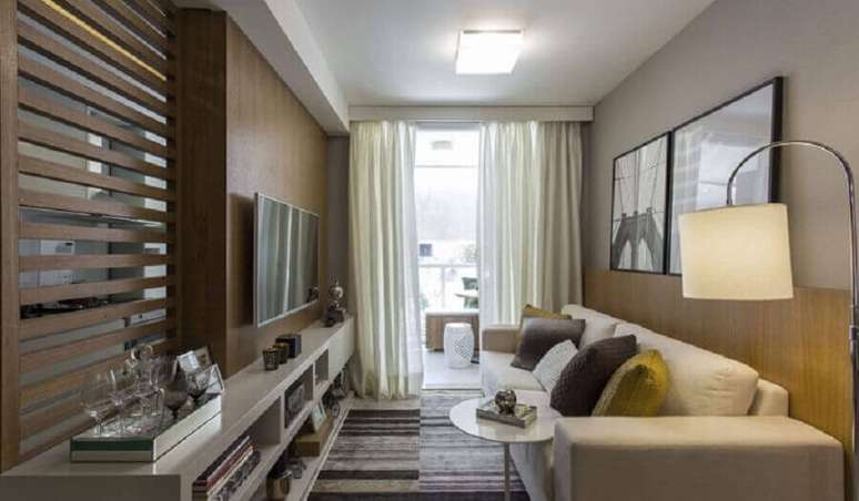 59. Ideias de cores para sala pequena e moderna decorada com móveis planejados – Foto: Sesso & Dalanezi Arquitetura