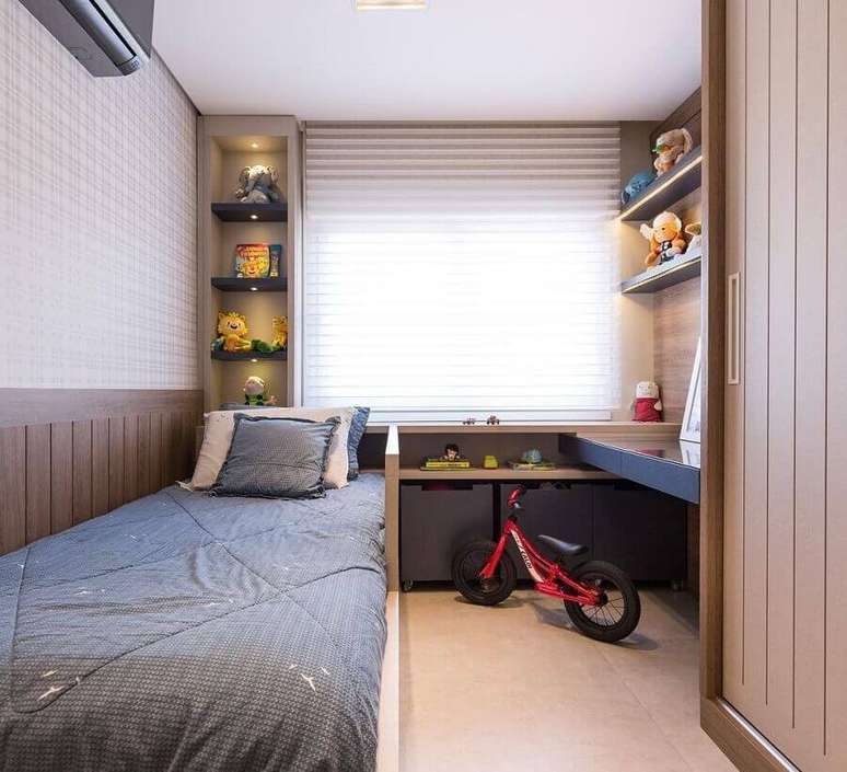 38. Móveis planejados para decoração de quarto infantil masculino pequeno – Foto: Braccini + Lima Arquitetura