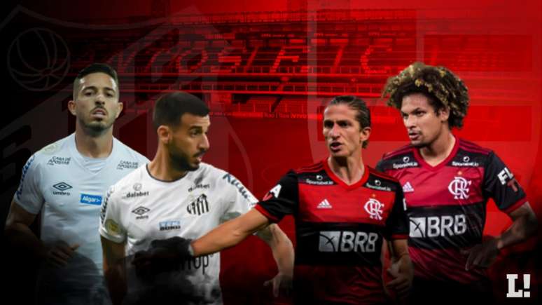 Os donos da bola: Jean Mota e Camacho, pelo Santos, e Willian Arão e Filipe Luís, pelo Flamengo (Arte Lance!)