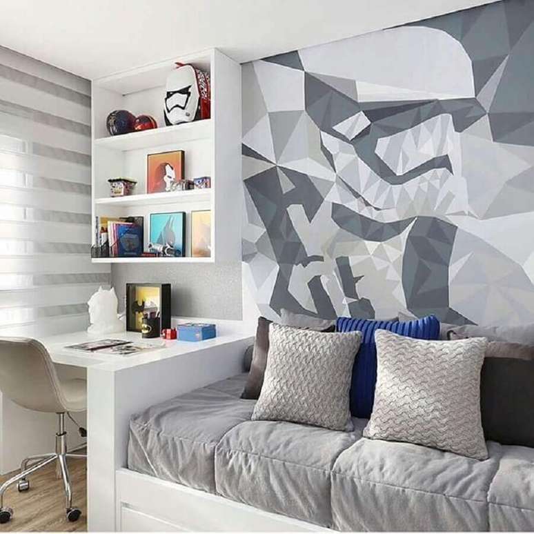42. Papel de parede moderno para decoração de quarto masculino pequeno – Foto: Chris Silveira