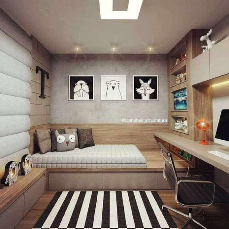 4. Móveis planejados para quarto masculino moderno pequeno decorado com parede de cimento queimado – Foto: Arquiteta Alana Heil