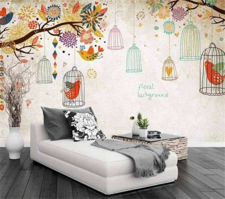 24. Cantinho de leitura com almofadas grandes e papel de parede colorido Foto AliExpress