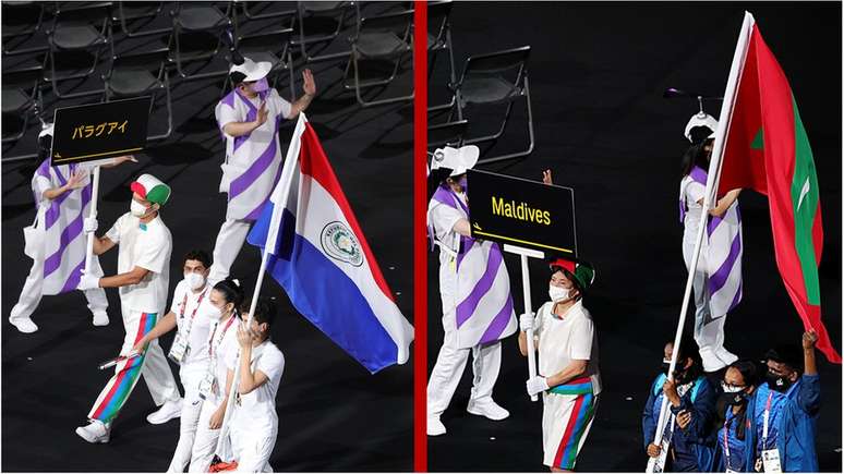 Atletas do Paraguai e das Maldivas vistos durante desfile na cerimônia de abertura