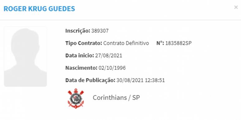 Roger Guedes foi registrado no Boletim Informativo Diário da CBF como atleta do Timão (Foto: Reprodução/BID)