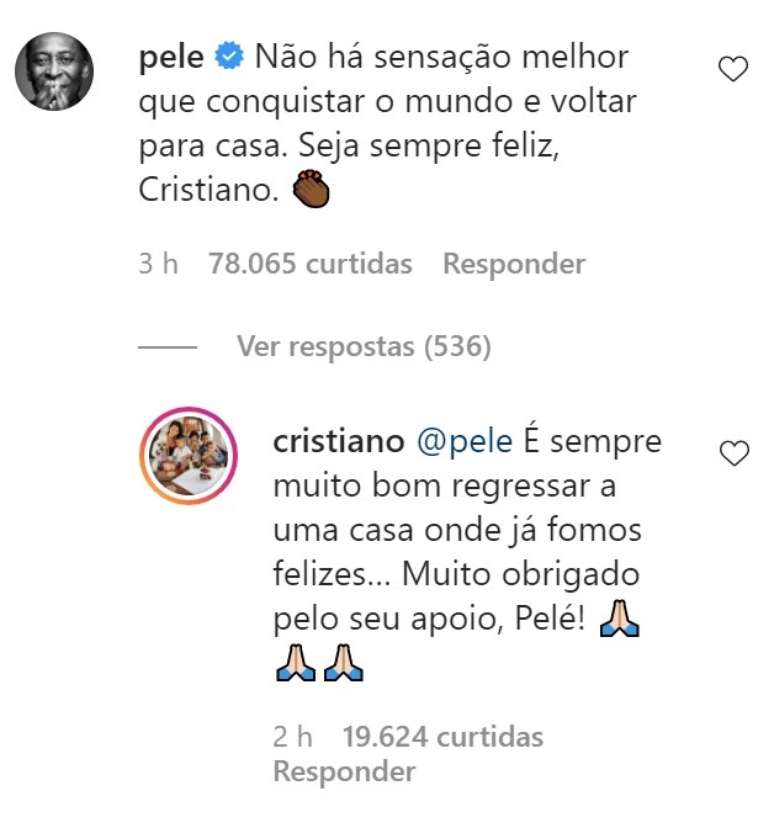 A interação entre Pelé e Cristiano Ronaldo no Instagram. (Foto: Reprodução/Instagram)