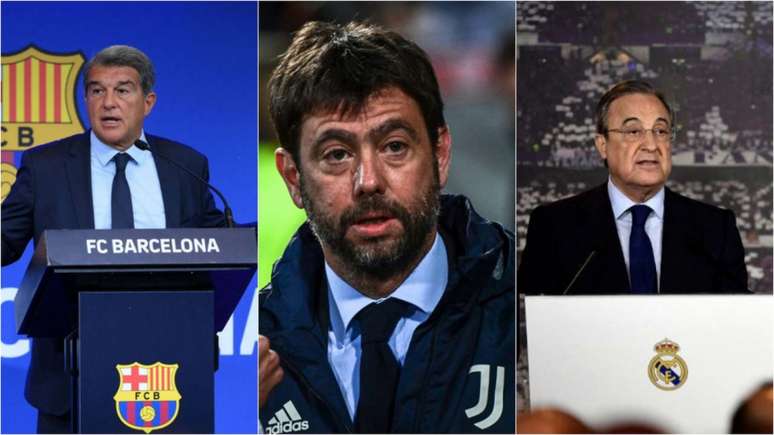 Presidentes de Barcelona, Juventus e Real Madrid têm a intenção de continuar com a Superliga (Foto: AFP; AFP; AFP)