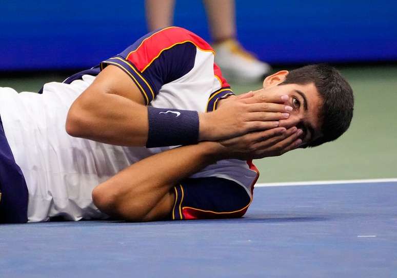 Espanhol Carlos Alcaraz comemora vit&oacute;ria sobre Stefanos Tsitsipas 
03/09/2021
Robert Deutsch-USA TODAY Sports
