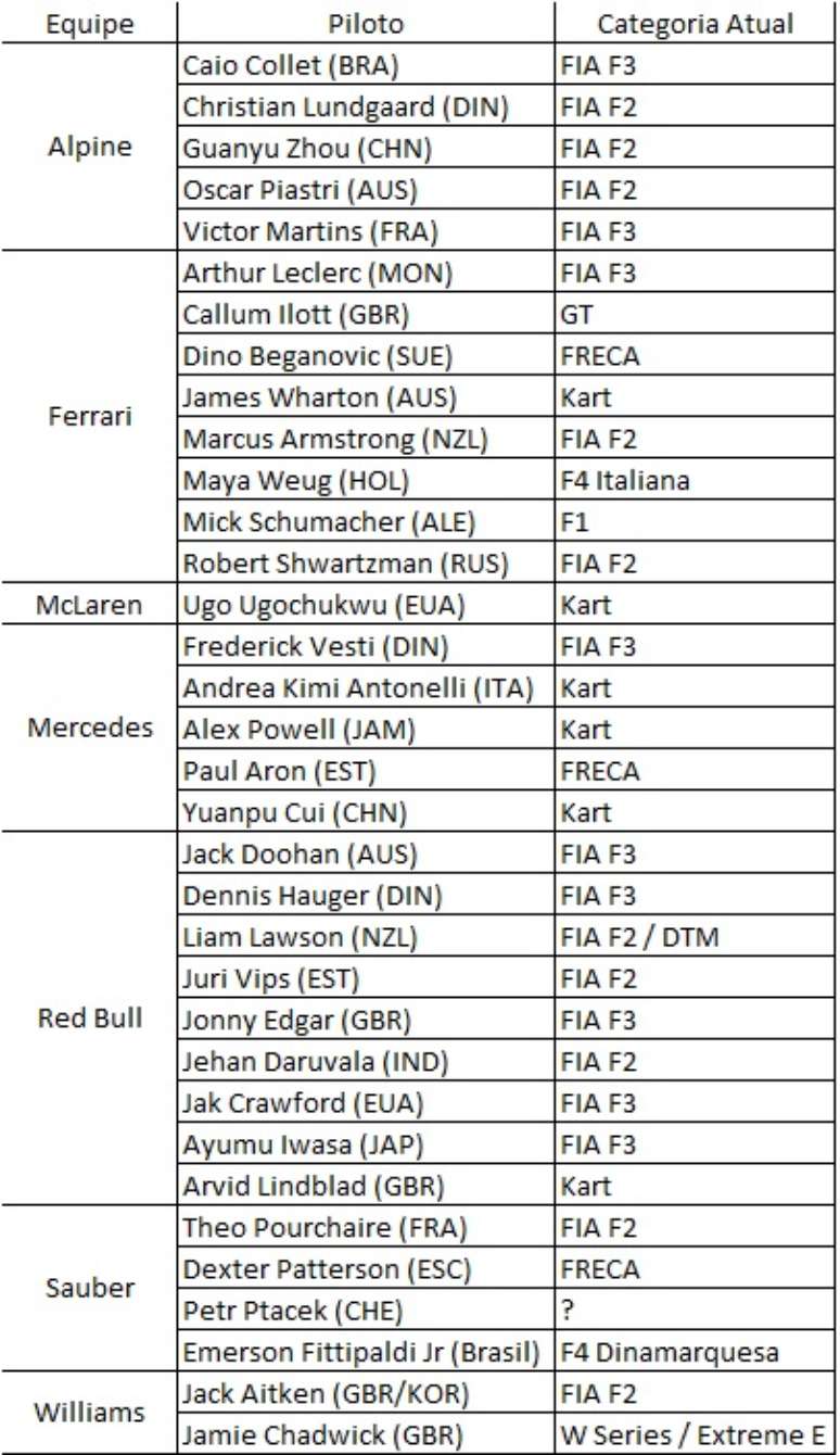 Lista de academias de pilotos, seus membros e atuais categorias.