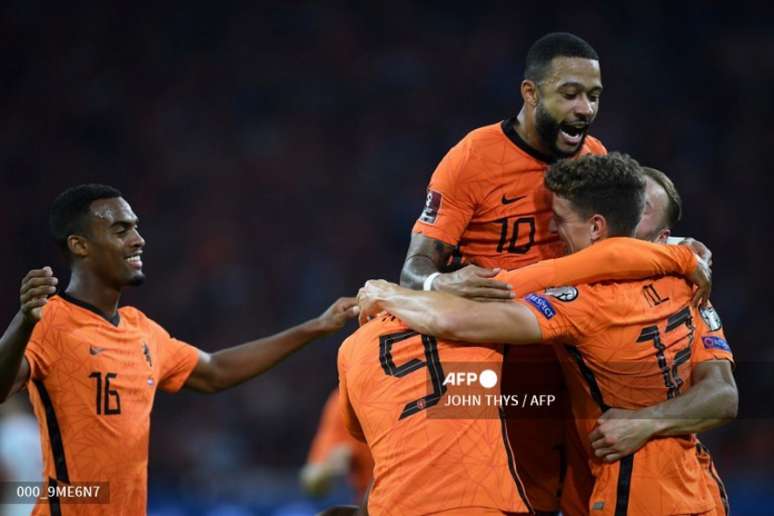 Comemoração do gol da Holanda sobre a Turquia (Foto: JOHN THYS / AFP)