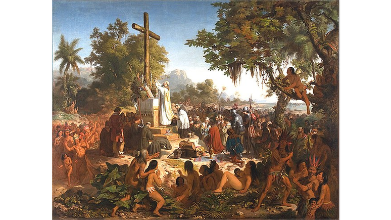 Primeira Missa no Brasil (1861), de Victor Meirelles; quadro mostra os nativos acompanhando passivamente o ato litúrgico representado como o inaugural na então colônia portuguesa