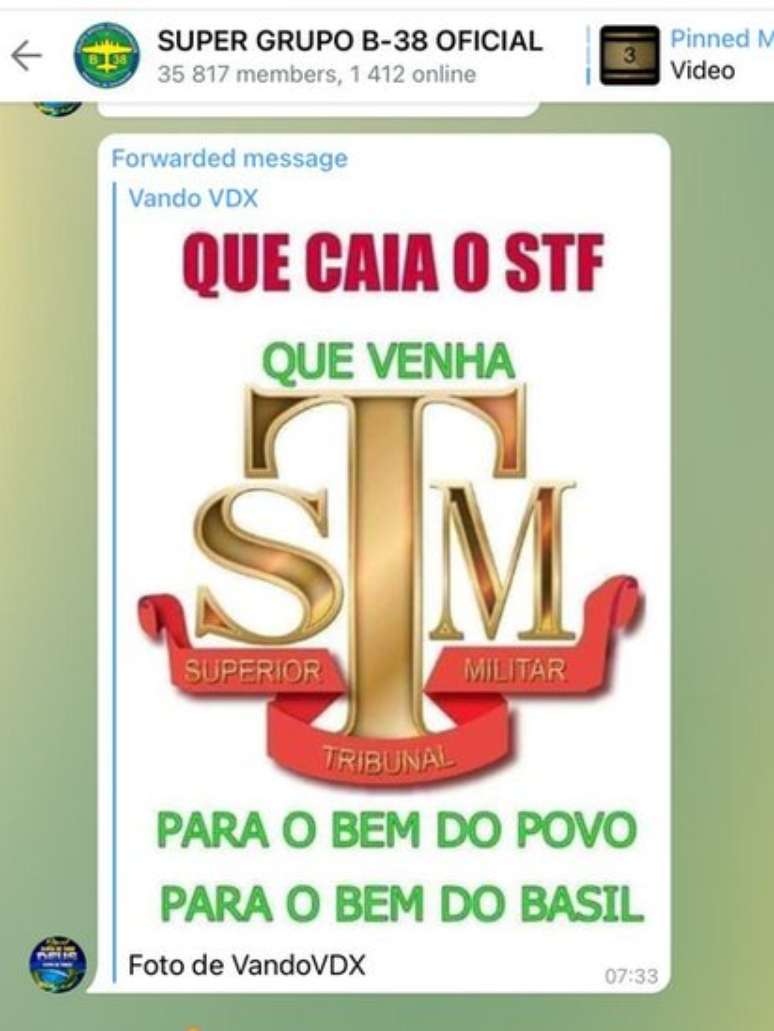 Mensagens autorit&aacute;rias contra o STF s&atilde;o frequentes entre apoiadores de Bolsonaro no Telegram