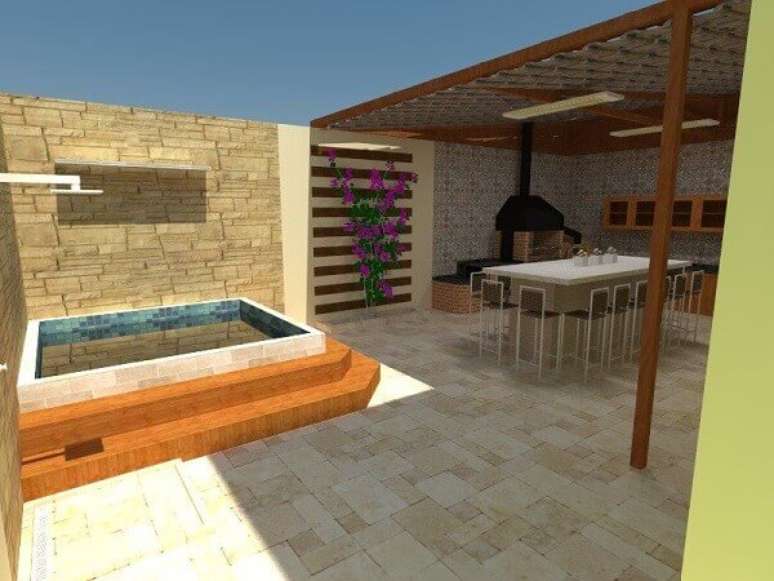 24. Projeto 3D de edícula com churrasqueira simples e piscina. Fonte: Mayline Mendes