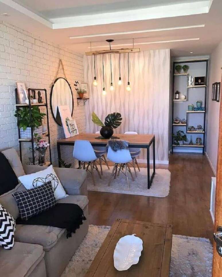 48. Parede tijolinho branco para decoração de sala de estar e jantar integradas pequenas – Foto: Minha Casa Decorada