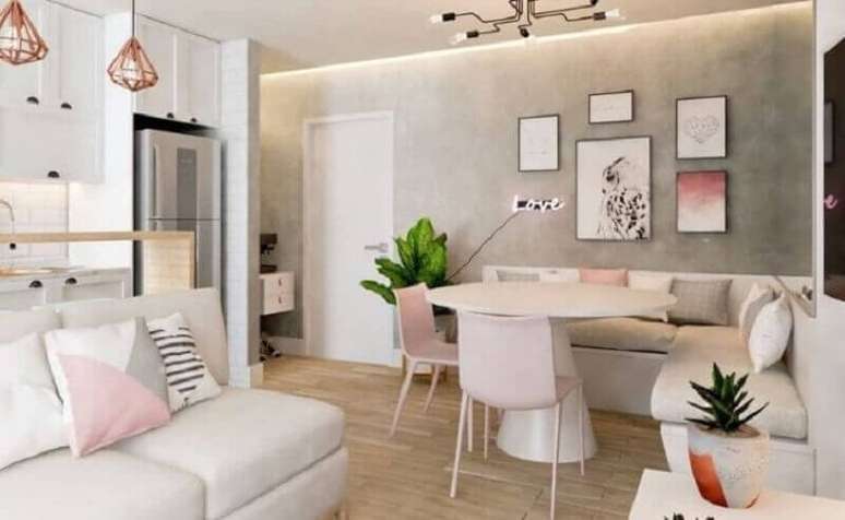 44. Parece de cimento queimado para decora&ccedil;&atilde;o de sala de estar e jantar integradas pequenas &ndash; Foto: Irm&atilde;os Oliveira Interiores