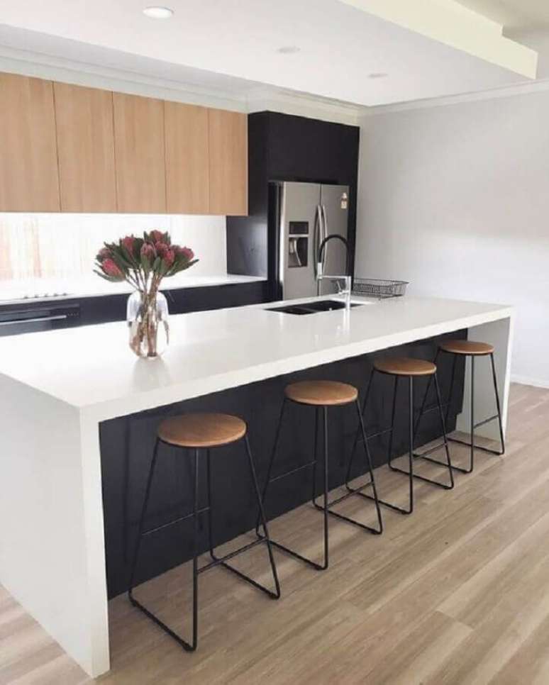 46. Decoração minimalista para cozinha planejada com ilha preta e branca com armário aéreo de madeira – Foto: Home Fashion Trend