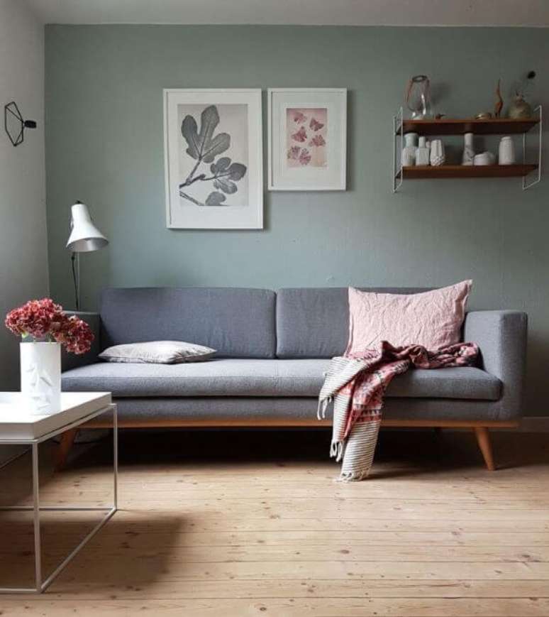 41. Sala pequena com parede verde sage e sofá cinza – Foto Wallsauce
