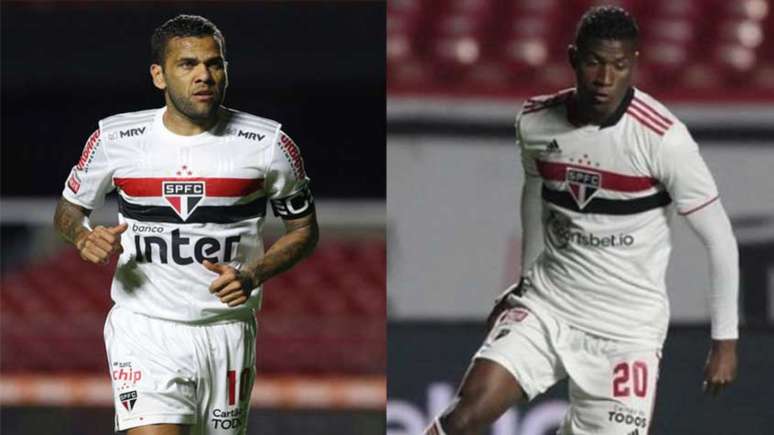 Daniel Alves e Orejuela disputam vaga na ala do São Paulo (Foto: Reprodução/Twitter)