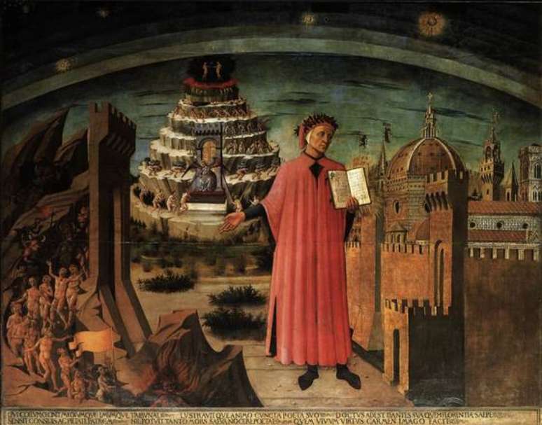 Afresco de Domenico di Michelino mostra Dante ao lado dos portões do Inferno, tendo ao fundo a montanha do Purgatório e acima as esferas celestes
