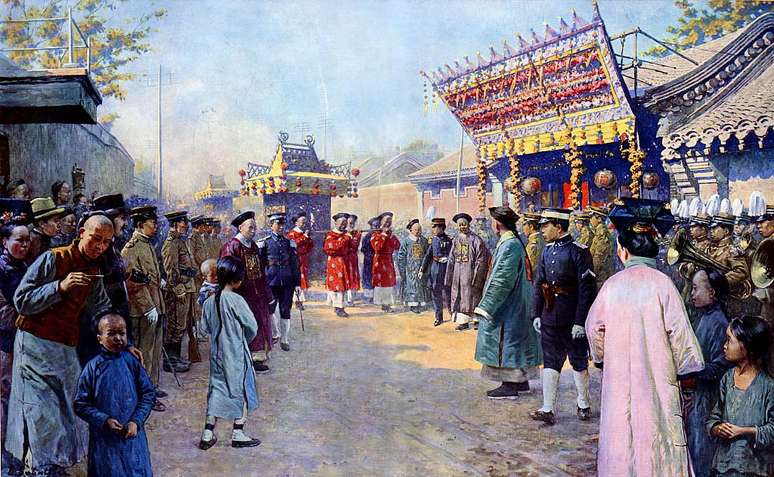 Procissão de presentes de casamento de Puyi, Imperador Xuantong da China (1906-1967), para sua noiva Lady Gobulo, Imperatriz Xiaokemin (1906-1946)