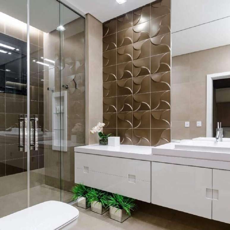 5. Decoração com revestimento 3D para banheiro bonito – Foto: Okha Arquitetura e Design