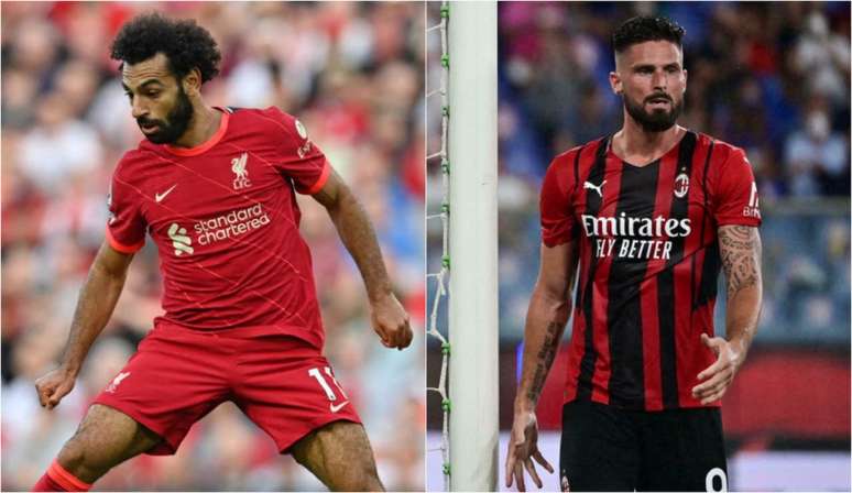 Salah e Giroud são esperanças de gols de Liverpool e Milan (Foto: PAUL ELLIS, MIGUEL MEDINA / AFP)