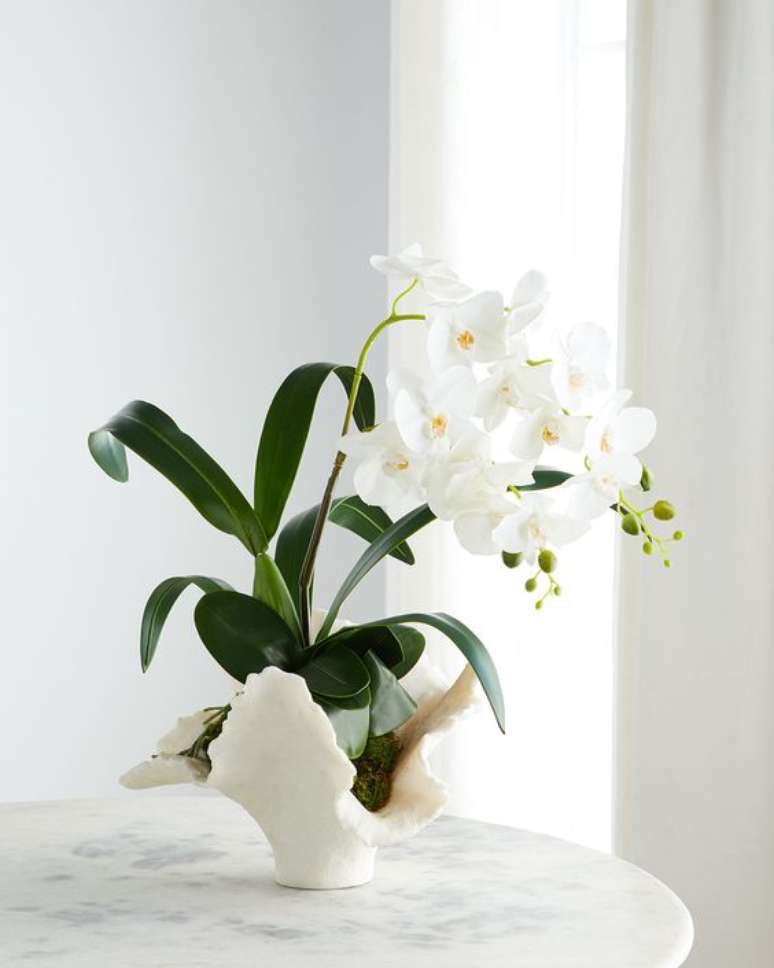 35. Vaso de flor para sala de estar clássica e chique com orquídea branca – Foto Bergford Goodman