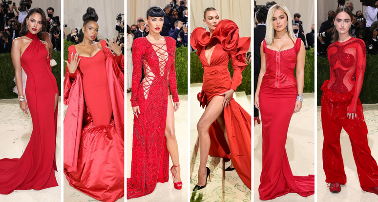 Famosas de vermelho no Met Gala (Fotos: E! Entertainement/Divulgação)