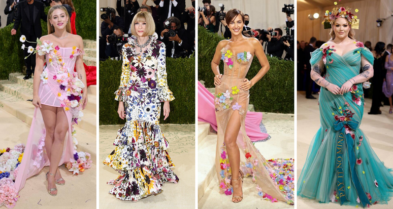 Famosas apostam em looks com flores no Met Gala (Fotos: E! Entertainment/Divulgação)