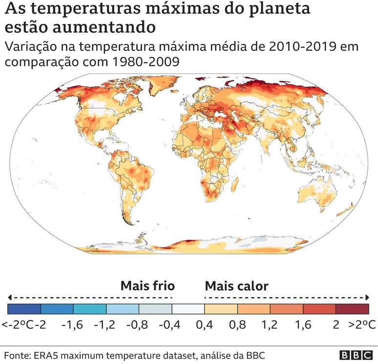Gr&aacute;fico que aponta o aumento de temperatura m&aacute;xima m&eacute;dia em v&aacute;rias partes do mundo