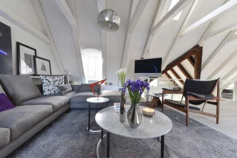 42. Sala de estar cinza e cor prata com vasos de plantas coloridas &ndash; Foto Rodrigo Maia