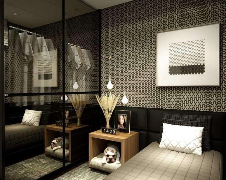 46. Papel de parede para quarto preto moderno decorado com cabeceira almofadada solteiro – Foto: Emilly Princcer