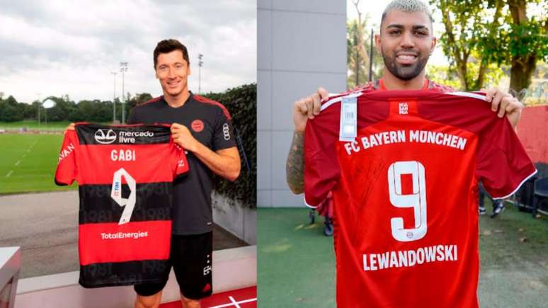 Gabigol e Lewandowski exibem as camisas autografadas que trocaram (Montagem LANCE!
Foto: Marcelo Cortes/Flamengo e Foto: Divulgação/Bayern)