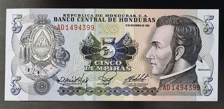 Rosto de Morazán aparece na cédula de cinco lempiras, moeda de Honduras