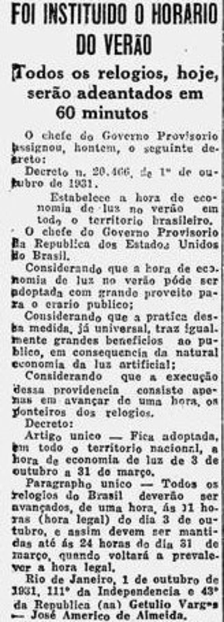 Horário de verão foi criado em 1931